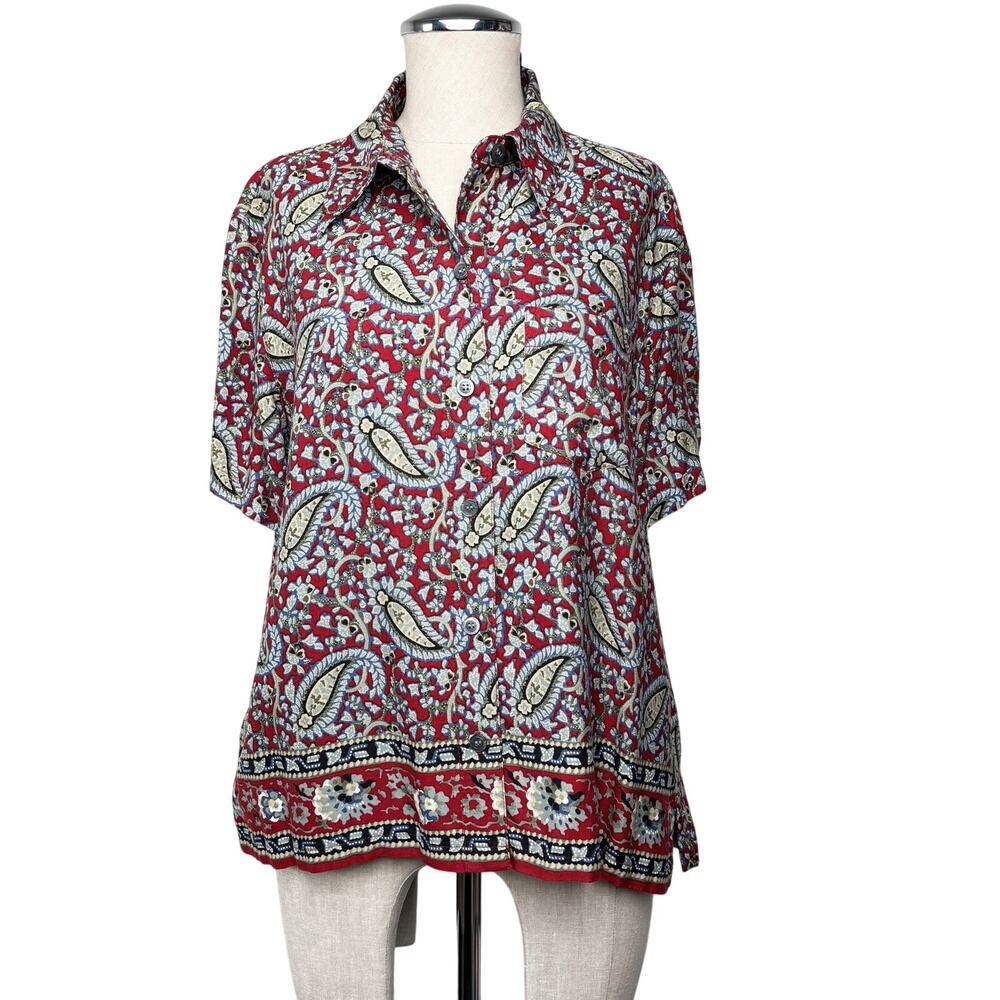 Crazy Horse Paisley Button Down Shirt Red Boho Coastal Grandma Short Sleeve L